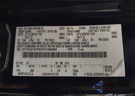 2016 Ford F-150 Xlt из США, поврежденный, VIN 1FTEW1EP5GFC06860